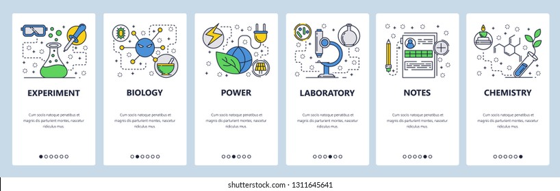 Web site onboarding screens. Science experiment in lab. Chemisty, biology. Menu vector banner template for website and mobile app development. Modern design linear art flat illustration