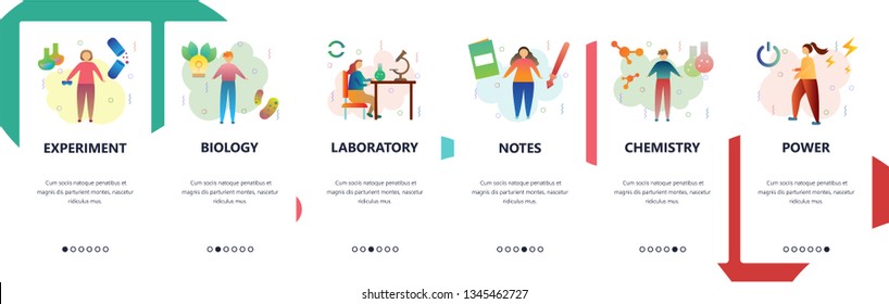 Web site onboarding screens. Science experiment. chemistry laboratory, biology. Menu vector banner template for website and mobile app development. Modern design flat illustration