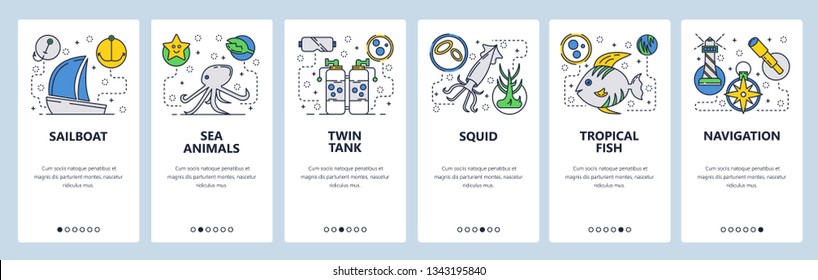 Web site onboarding screens. Sea Travel and beach vacation. Scuba diving and underwater animals. Menu vector banner template for website and mobile app development. Modern design flat illustration