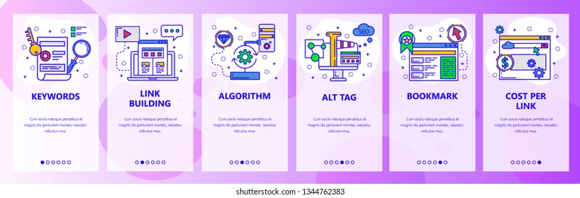 Web site onboarding screens. SEO, digital marketing and website advertisement. Menu vector banner template for website and mobile app development. Modern design flat illustration