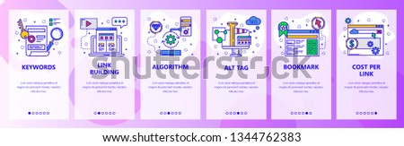 Web site onboarding screens. SEO, digital marketing and website advertisement. Menu vector banner template for website and mobile app development. Modern design flat illustration