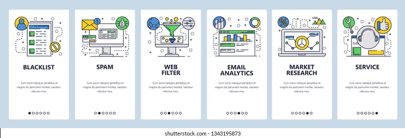 Web site onboarding screens. Web services, spam, email analyrics and filtering. Market research. Menu vector banner template for website and mobile app development. Modern design flat illustration