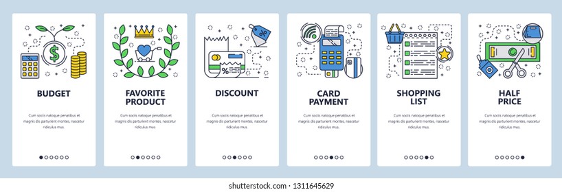 Web site onboarding screens. Shopping, sales and wireless credit card payment. Menu vector banner template for website and mobile app development. Modern design linear art flat illustration