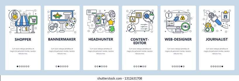 Web site onboarding screens. Shopping, headhunter, editor, web designer, journalism. Menu vector banner template for website and mobile app development. Modern design linear art flat illustration