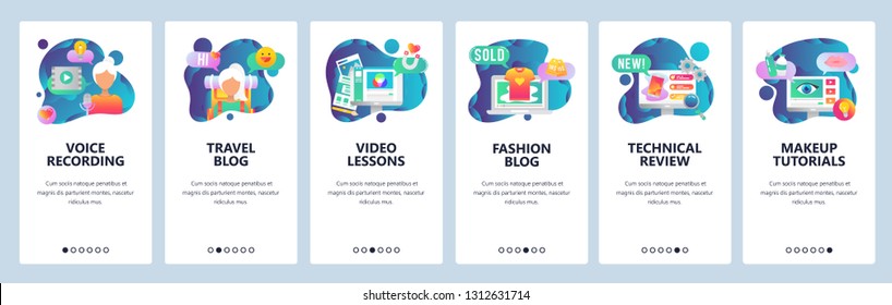 Web site onboarding screens. Social media, travel blog, podcast and video blog, fashion and makeup tutorial. Menu vector banner template for website and mobile app development. Design linear art flat 