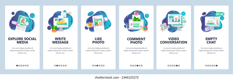 Web site onboarding screens. Social media services, online chat and dating profiles. Menu vector banner template for website and mobile app development. Modern design flat illustration