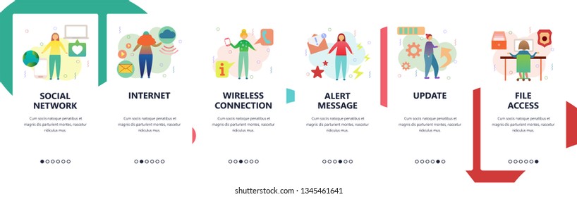 Web site onboarding screens. Social network, wireless internet connection, file access and update. Menu vector banner template for website and mobile app development. Modern design flat illustration