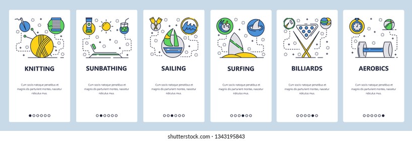 Web site onboarding screens. Sport games, hobby and leisure activities. Menu vector banner template for website and mobile app development. Modern design flat illustration