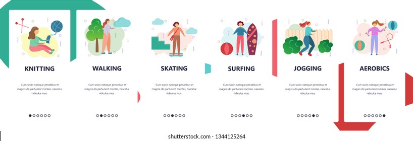 Web site onboarding screens. Sport, hobby and leisure activities. Menu vector banner template for website and mobile app development. Modern design flat illustration