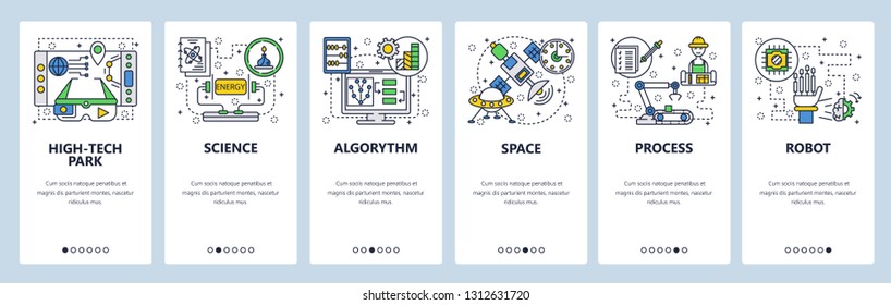 Web site onboarding screens. Technology, industrial robot, science and outer space. Menu vector banner template for website and mobile app development. Modern design linear art flat illustration
