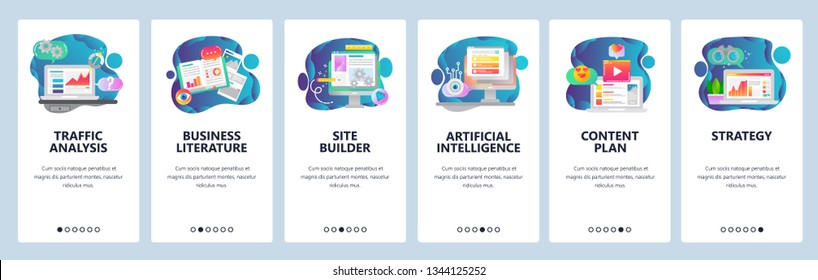 Web Site Onboarding Screens. Traffic Analysis, AI, Business Development And Website Coding. Menu Vector Banner Template For Website And Mobile App Development. Modern Design Flat Illustration