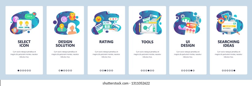 Web site onboarding screens. UI and UX design solutions, rating review, search, drawing tools. Menu vector banner template for website and mobile app development. Design linear art flat illustration