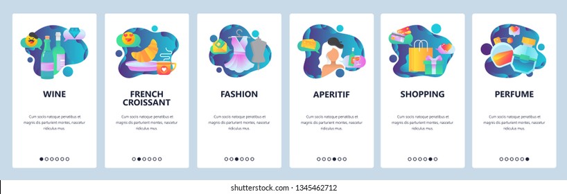 Web site onboarding screens. Vacation in Paris, France. French breakfast, shopping, fashion and wine. Menu vector banner template for website and mobile app development. Design flat illustration