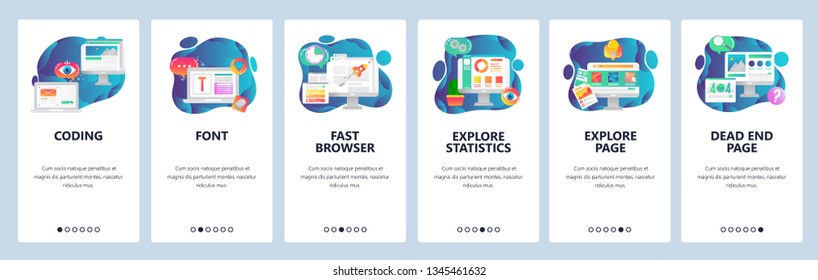 Web site onboarding screens. Website development, coding, font, 404 error page. Menu vector banner template for website and mobile app development. Modern design flat illustration