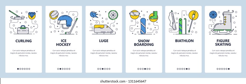 Web site onboarding screens. Winter sport, ice hockey, snowboarding, biathlon and figure skating. Menu vector banner template for website and mobile app development. Design flat illustration