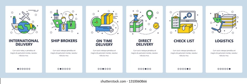 Web site onboarding screens. Worldwide delivery and cargo service. Menu vector banner template for website and mobile app development. Modern design linear art flat illustration