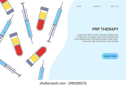 Sitio web para consulta en línea sobre terapia de PRP. Información plaquetaria rica en tratamiento plasmático. Estructura sanguínea humana y concepto de inyecciones de prp. Ensayo de microbiología de ilustración plana vectorial para clínica.