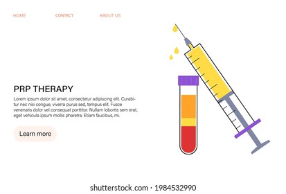 Website für Online-Beratung zur PRP-Therapie. Informationen zur Thrombozytenbehandlung mit hohem Plasmagehalt. Konzept der menschlichen Blutstruktur und der präparierten Injektionen. Mikrobiologie-Test flache Vektorgrafik für die Klinik.