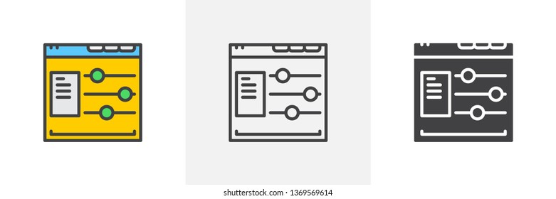 Web site options con. Line, glyph and filled outline colorful version, web page configuration outline and filled vector sign. Symbol, logo illustration. Different style icons set. Vector graphics
