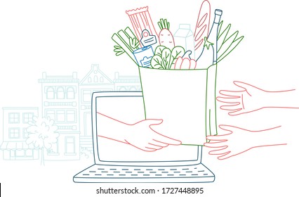 Website, um Lebensmittel zu bestellen. Kurier liefert Waren aus dem Online-Shop. Hände mit einer Tasche Nahrung. Der Hintergrund der Stadtlandschaft. Vector Illustrationsdoodles, Design-Konzept für eine dünne Linie