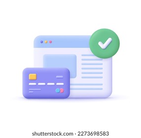 Página de sitio Web con tarjeta de crédito y marca de verificación. Pago en línea, comercio electrónico, concepto de banca en línea. Icono vectorial 3d. Dibujo de estilo mínimo.