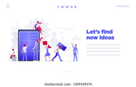 Web site page design template. People are building a new business on the internet. Ideas with teamwork, promotion of business online, the takeoff rating of the works. Vector concept illustration. 