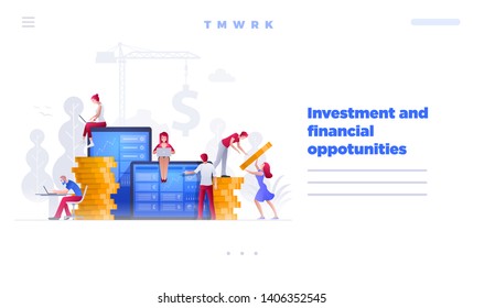 Web site page design template. Vector illustration people are on financial issues together on large screen and building a new achievements. Business finance, investment and teamwork concept. 