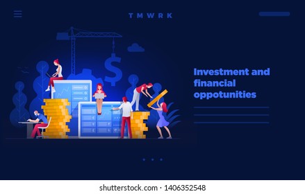 plantilla de diseño de página de sitio Web. La gente de la ilustración vectorial está en temas financieros juntos en pantalla grande y construyendo nuevos logros. Concepto de financiación empresarial, inversión y trabajo en equipo. 