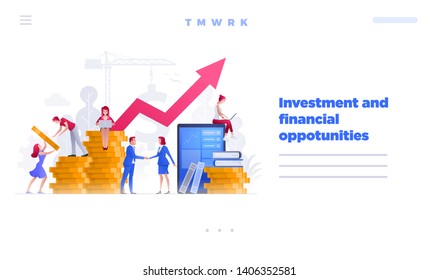 Modelo de design de página do site. Ilustração vetorial As pessoas estão sobre questões financeiras em conjunto em tela grande e construindo uma nova conquista. Conceito de financiamento empresarial, investimento e trabalho em equipe. 