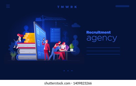 Web site page design template. Vector illustration people are working on hiring, human resources and recruitment together.  Concept illustration.