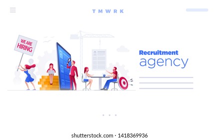 plantilla de diseño de página de sitio Web. Las personas dedicadas a la ilustración de vectores están trabajando juntas en la contratación, los recursos humanos y la contratación.  Ilustración conceptual.
