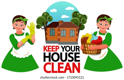Plantilla de diseño de página del sitio Web para la empresa de limpieza. Dos personajes de las amas de casa vestidos de verde y delantales blancos 
en el fondo de una casa arbolada