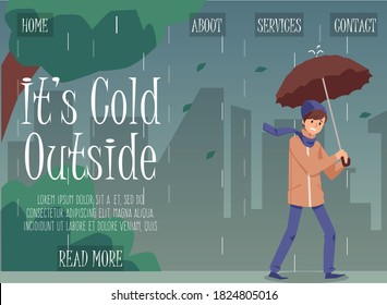 Web site page interface for autumn cold season with man dressed in waterproof warm clothing, flat vector illustration. Autumn background with man under rain.