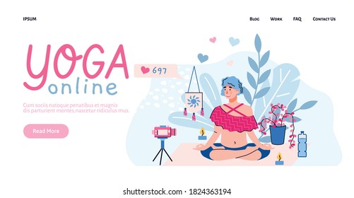 Web site page interface for online yoga training with woman in lotus asana, flat cartoon vector illustration. Online education and sport training landing page.
