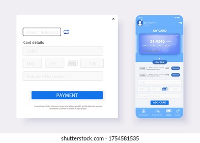 Web site page with payment details information form ui design. UI, UX and GUI template layout for Mobile Apps. Mobile bank card payment for e-commerce. User interface. Debit card smartphone interface 