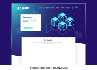 Web site page template, abstract digital technology element, server room, data center database icon, dark isometric neon vector