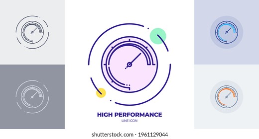 Web Site Performance Indicator Line Art Vector Icon. Outline Symbol Of Fast Speed Website Performance. Car Speedometer Made Of Thin Stroke. Isolated On Background.