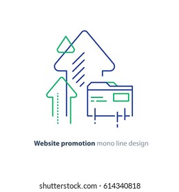 Conceito de promoção de site, desenvolvimento de site, otimização de resultados de pesquisa, design de linha de vetor