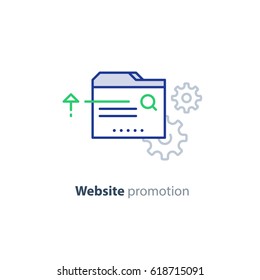 Concepto de promoción de sitios web, desarrollo de sitios web, optimización de resultados de búsqueda, diseño de líneas mono vectoriales