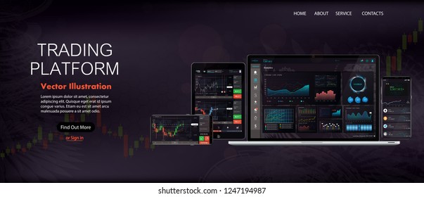 Web Site Screen template. Forex market, news and analysis. Binary option. Application screen for trading. Candles and indicators. HUD UI for business app. Futuristic virtual user interface. Data chart