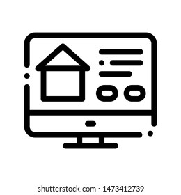 Web Site For Search Estate Vector Thin Line Icon. House On Web Site Computer Monitor Linear Pictogram. Mortgage On Real Estate, Rent, Buy Or Sale Apartment Garage Contour Illustration
