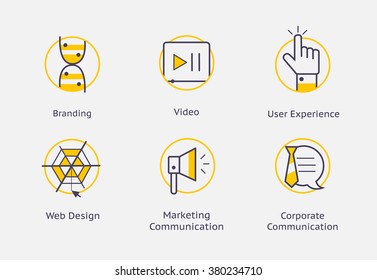 Web Site simple icons with yellow circles. Set isolated on white.