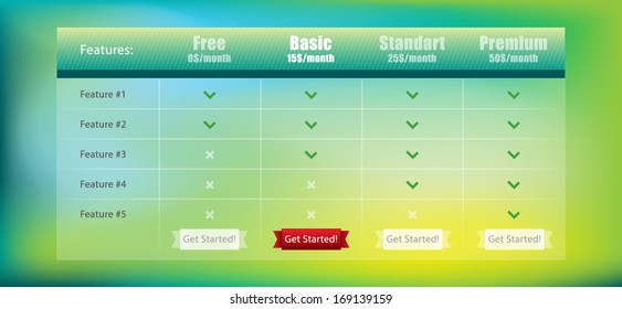 Web site subscription or pricing plan on a colorful background vector illustration