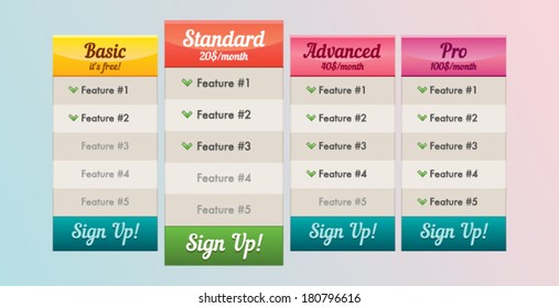 Web site subscription or pricing plan on a colorful background vector illustration