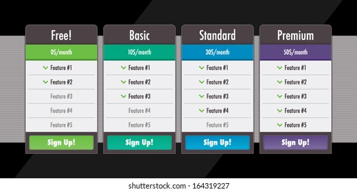 Web site subscription or pricing plans tables vector illustration