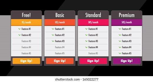 Web site subscription or pricing plans tables vector illustration