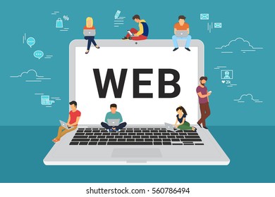 Web site surfing concept illustration of young people using mobile gadgets such as smarthone, tablet and laptop to be a part of online community. Flat design of guys and young women on big notebook