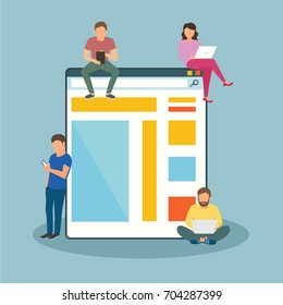 Web site surfing concept illustration of young people using mobile gadgets such as smarthone, tablet and laptop to be a part of online community. Flat design of guys and young women on big web browser
