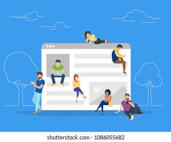 Website-Surfen Konzept Vektorgrafik von jungen Menschen, die mobile Gadgets wie Smartphone, Tablet und Laptop verwenden, um Teil der Online-Community zu sein. Flat-Jungs und junge Frauen auf der großen Webseite