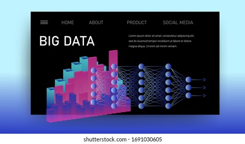 Web site template for Big Data  analysis, Artificial intelligence and  Information science. Illustration of 3D graphs and plots, Neural Network scheme.